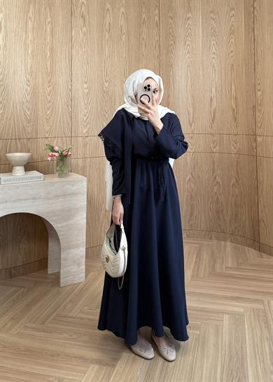 Dantelli Omuz Şallı Modal Elbise Lacivert