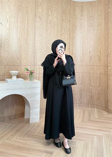 Dantelli Omuz Şallı Modal Elbise Siyah