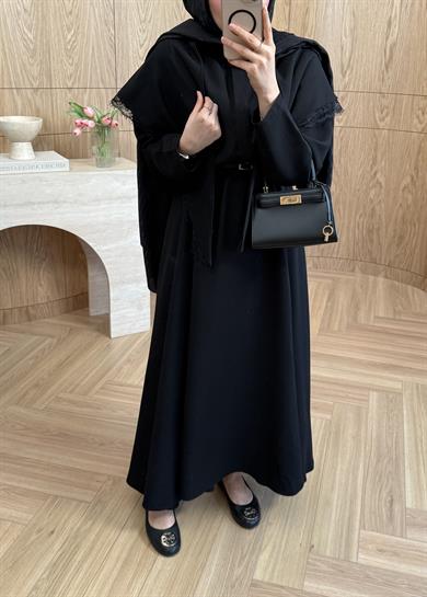 Dantelli Omuz Şallı Modal Elbise Siyah