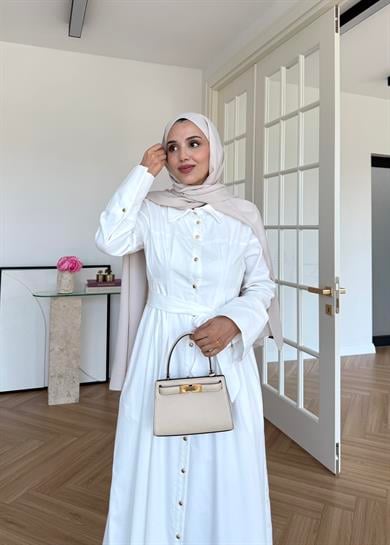 Dean Gold Düğmeli Elbise Ekru