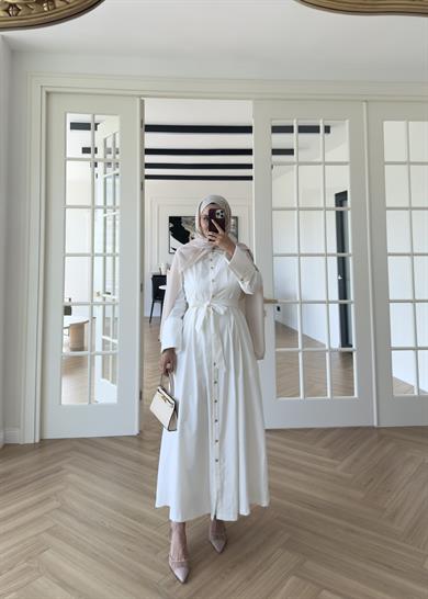 Dean Gold Düğmeli Elbise Ekru