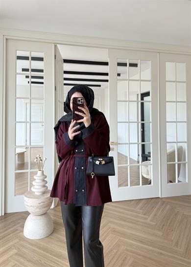 Denim Garnili Çelik Örme Hırka Bordo