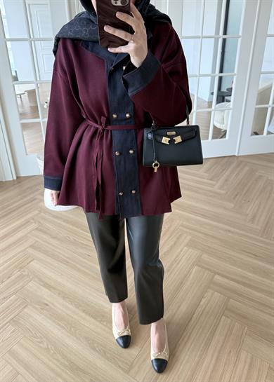 Denim Garnili Çelik Örme Hırka Bordo