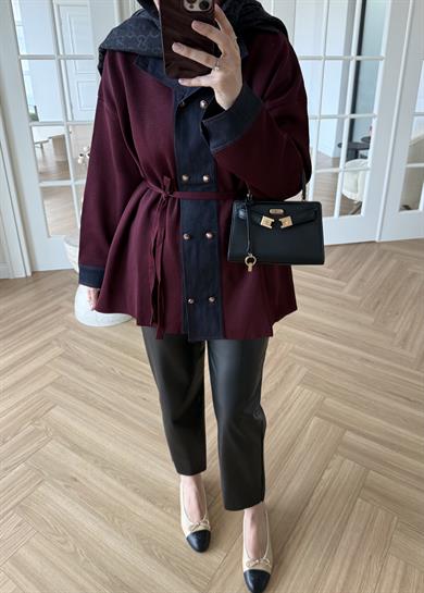 Denim Garnili Çelik Örme Hırka Bordo