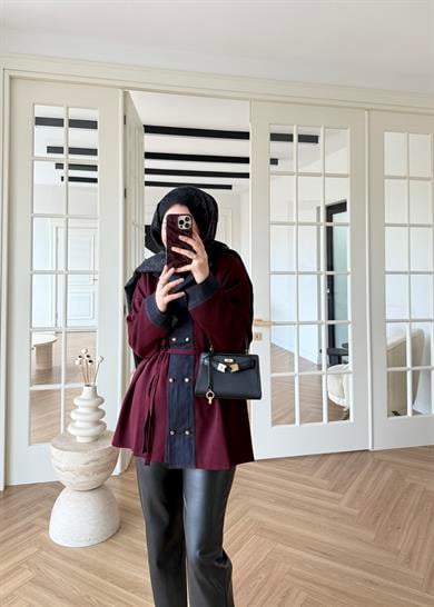 Denim Garnili Çelik Örme Hırka Bordo