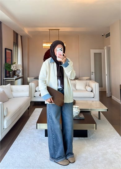 Denim Yaka Triko Kazak Ekru