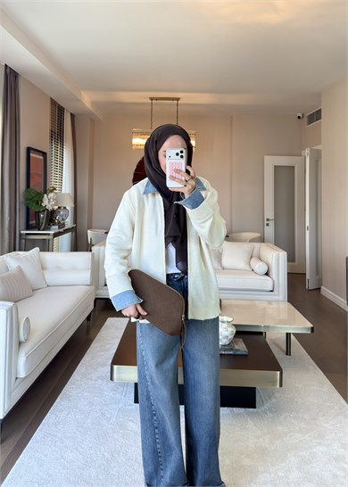 Denim Yaka Triko Kazak Ekru