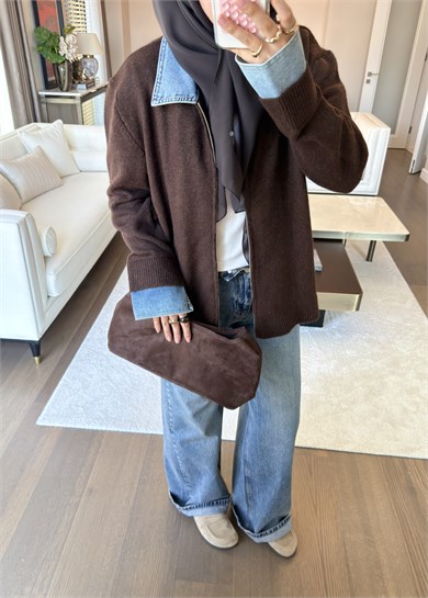 Denim Yaka Triko Kazak Kahverengi