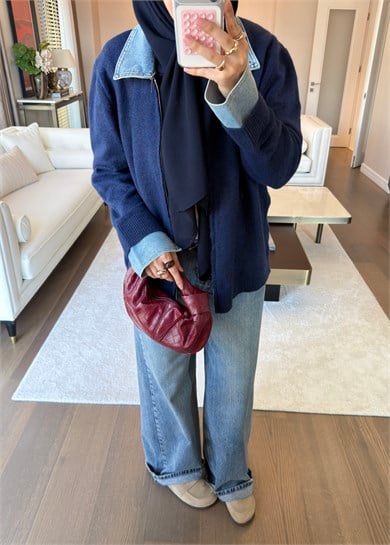 Denim Yaka Triko Kazak Lacivert