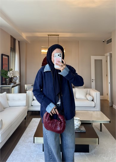 Denim Yaka Triko Kazak Lacivert
