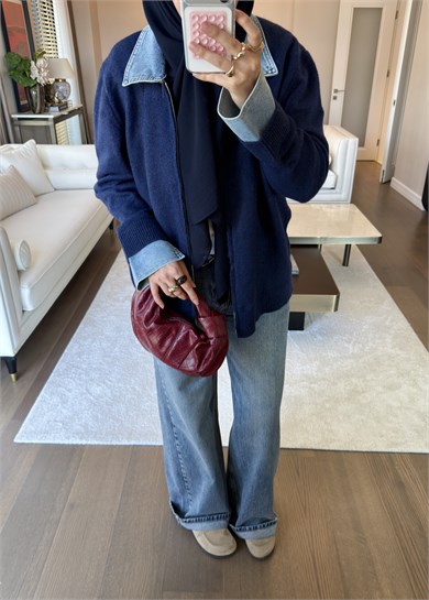 Denim Yaka Triko Kazak Lacivert