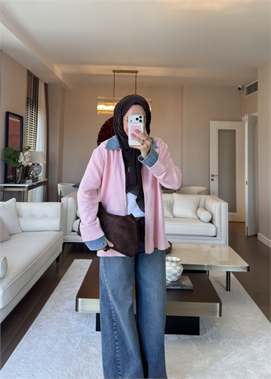 Denim Yaka Triko Kazak Pembe