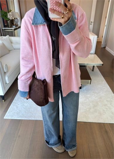 Denim Yaka Triko Kazak Pembe