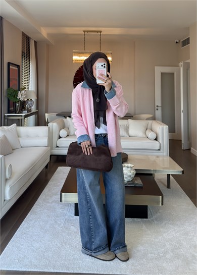 Denim Yaka Triko Kazak Pembe