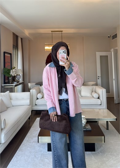 Denim Yaka Triko Kazak Pembe