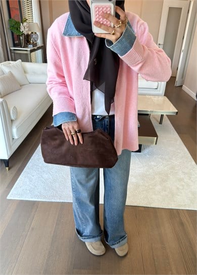 Denim Yaka Triko Kazak Pembe