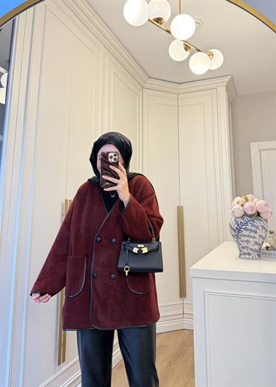 Deri Biyeli Angora Hırka Bordo