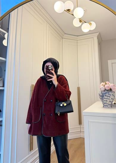 Deri Biyeli Angora Hırka Bordo