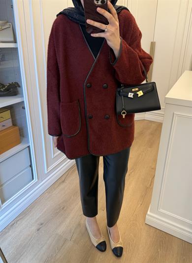 Deri Biyeli Angora Hırka Bordo