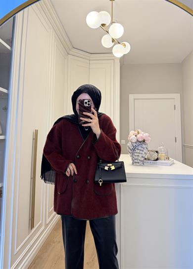 Deri Biyeli Angora Hırka Bordo