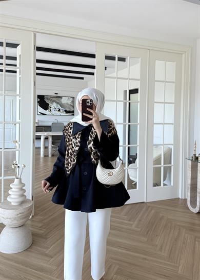 Deri Yakalı Trenç Lacivert