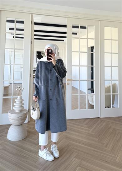 Deve Tüylü Cepli Kaban Gri