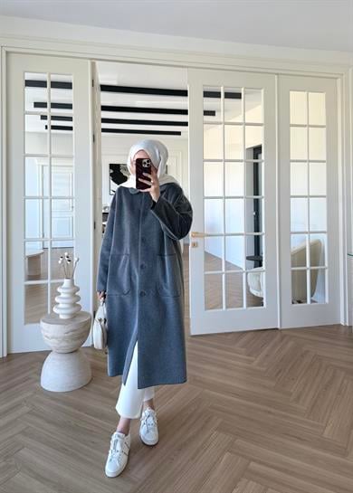 Deve Tüylü Cepli Kaban Gri