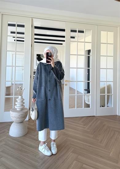 Deve Tüylü Cepli Kaban Gri