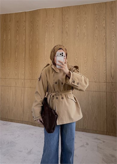 Dik Yaka Kontrast Dikişli Trençkot Camel