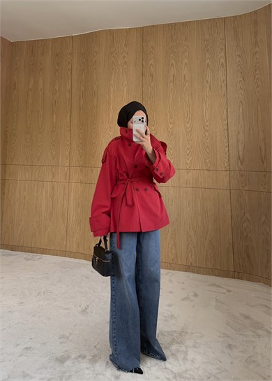 Dik Yaka Kontrast Dikişli Trençkot Kırmızı