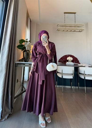 Dikiş Detaylı Bağlamalı Etekli Takım Burgundy