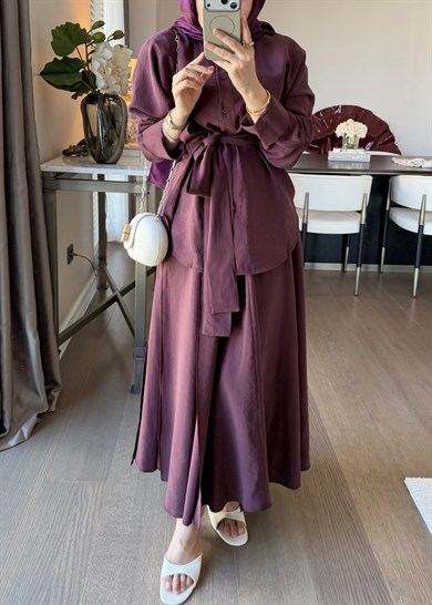 Dikiş Detaylı Bağlamalı Etekli Takım Burgundy