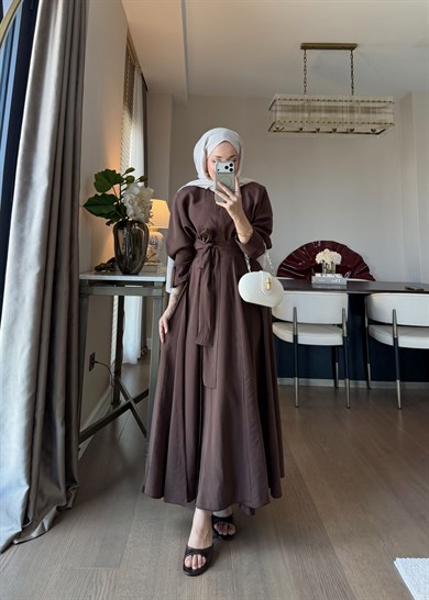Dikiş Detaylı Bağlamalı Etekli Takım Kahverengi