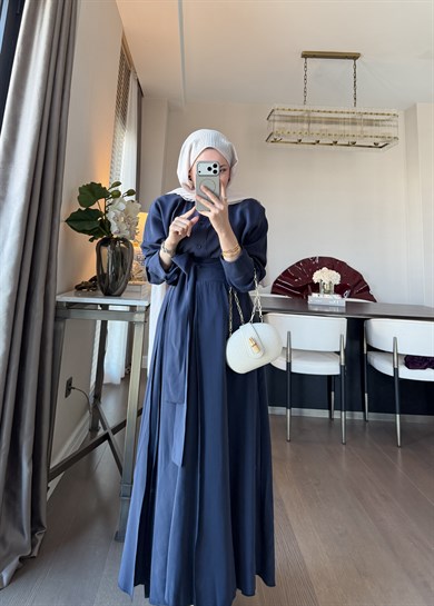Dikiş Detaylı Bağlamalı Etekli Takım Lacivert 