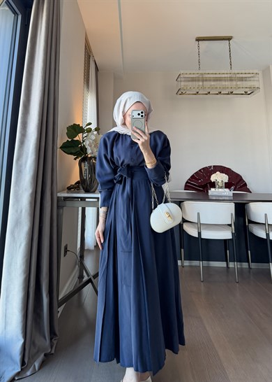Dikiş Detaylı Bağlamalı Etekli Takım Lacivert 