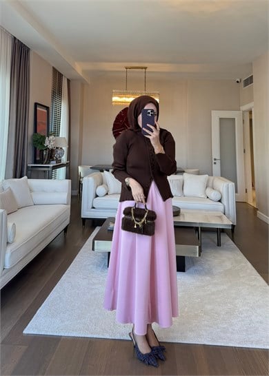 Dikiş Detaylı Scuba Etek Pembe