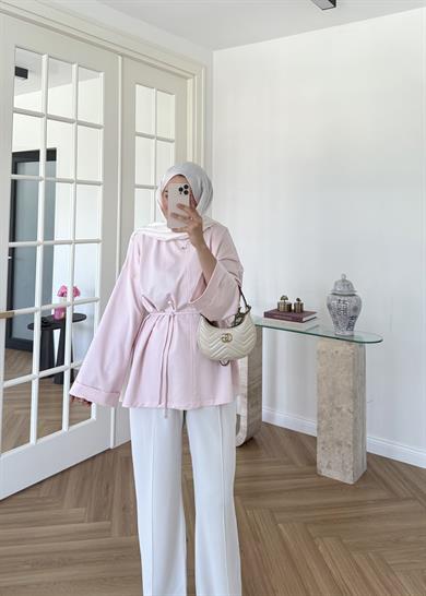 Dikiş Detaylı Yırtmaçlı Sweatshirt Pudra