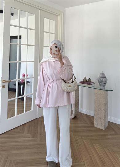 Dikiş Detaylı Yırtmaçlı Sweatshirt Pudra