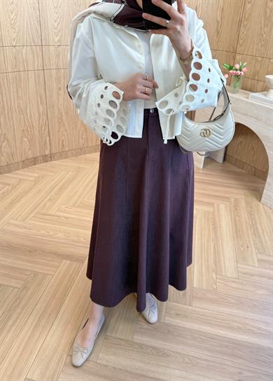 Dilimli Denim Etek Mürdüm