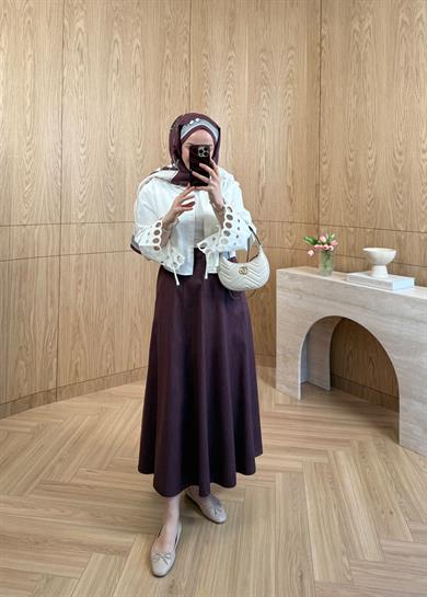 Dilimli Denim Etek Mürdüm