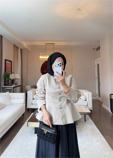 Düğmeli Peplum Form Ceket Taş