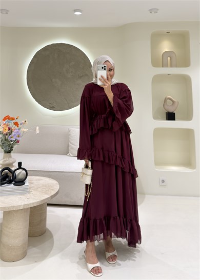 Efsun Fırfırlı Şifon Elbise Bordo