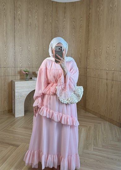 Efsun Fırfırlı Şifon Elbise Pembe