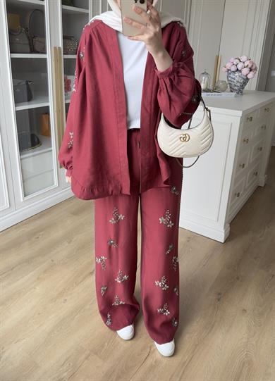 El İşlemeli Pantolon Bordo