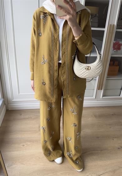 El İşlemeli Pantolon Olive