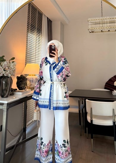 Elanor Desenli Takım Saks Mavisi