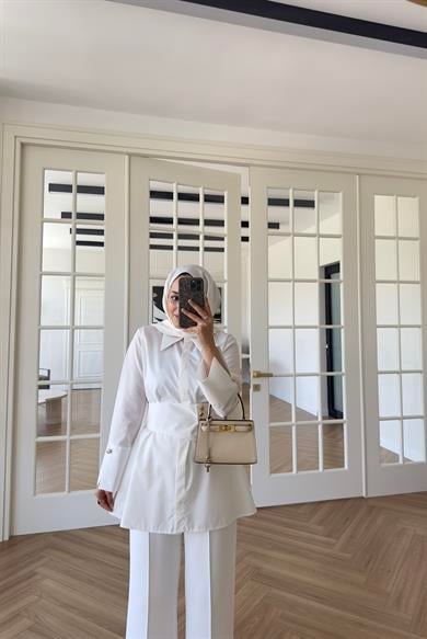 Elsia Geniş Gold Düğmeli Gömlek Ekru