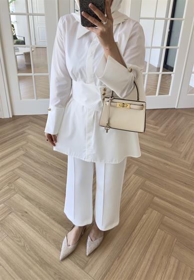 Elsia Geniş Gold Düğmeli Gömlek Ekru