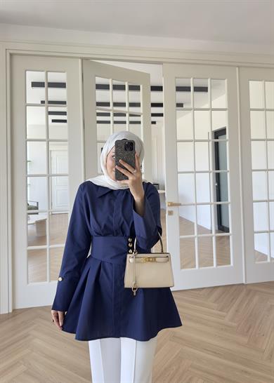 Elsia Geniş Gold Düğmeli Gömlek Lacivert