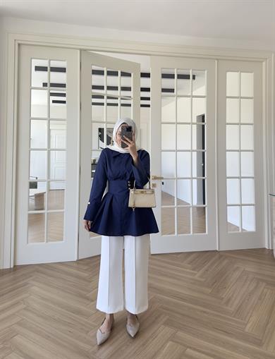 Elsia Geniş Gold Düğmeli Gömlek Lacivert